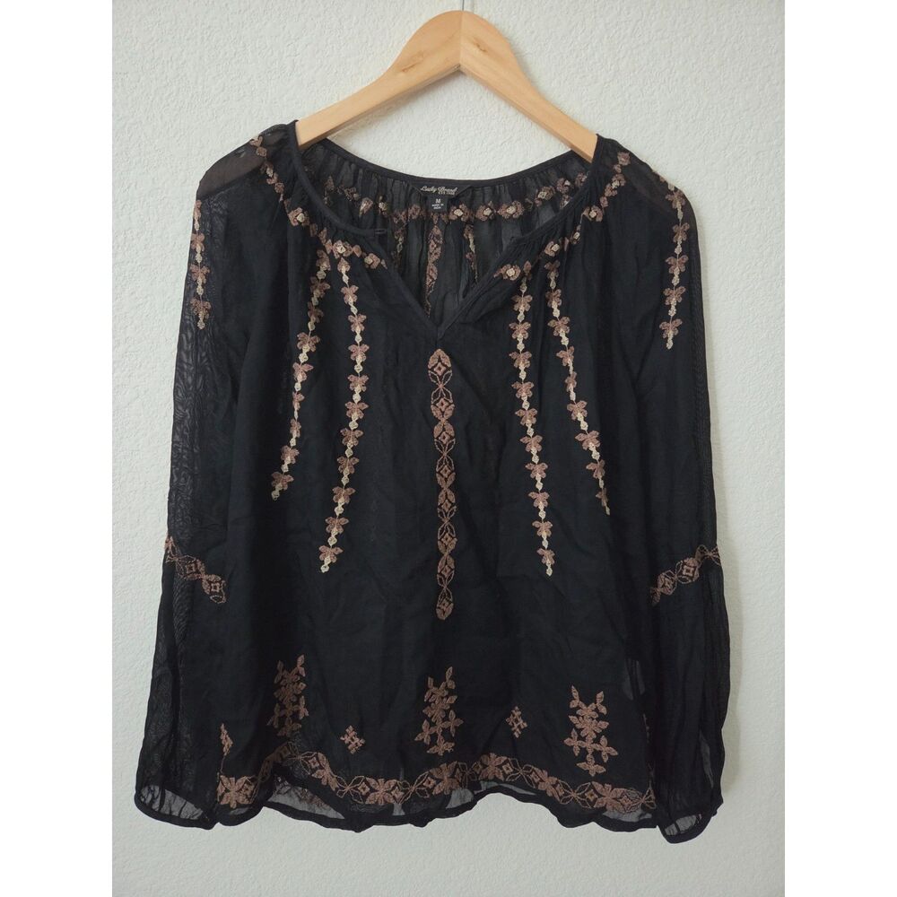Lucky Brand Women’s M Black Embroidered Peasant Blouse Sheer Boho Long Sleeve
